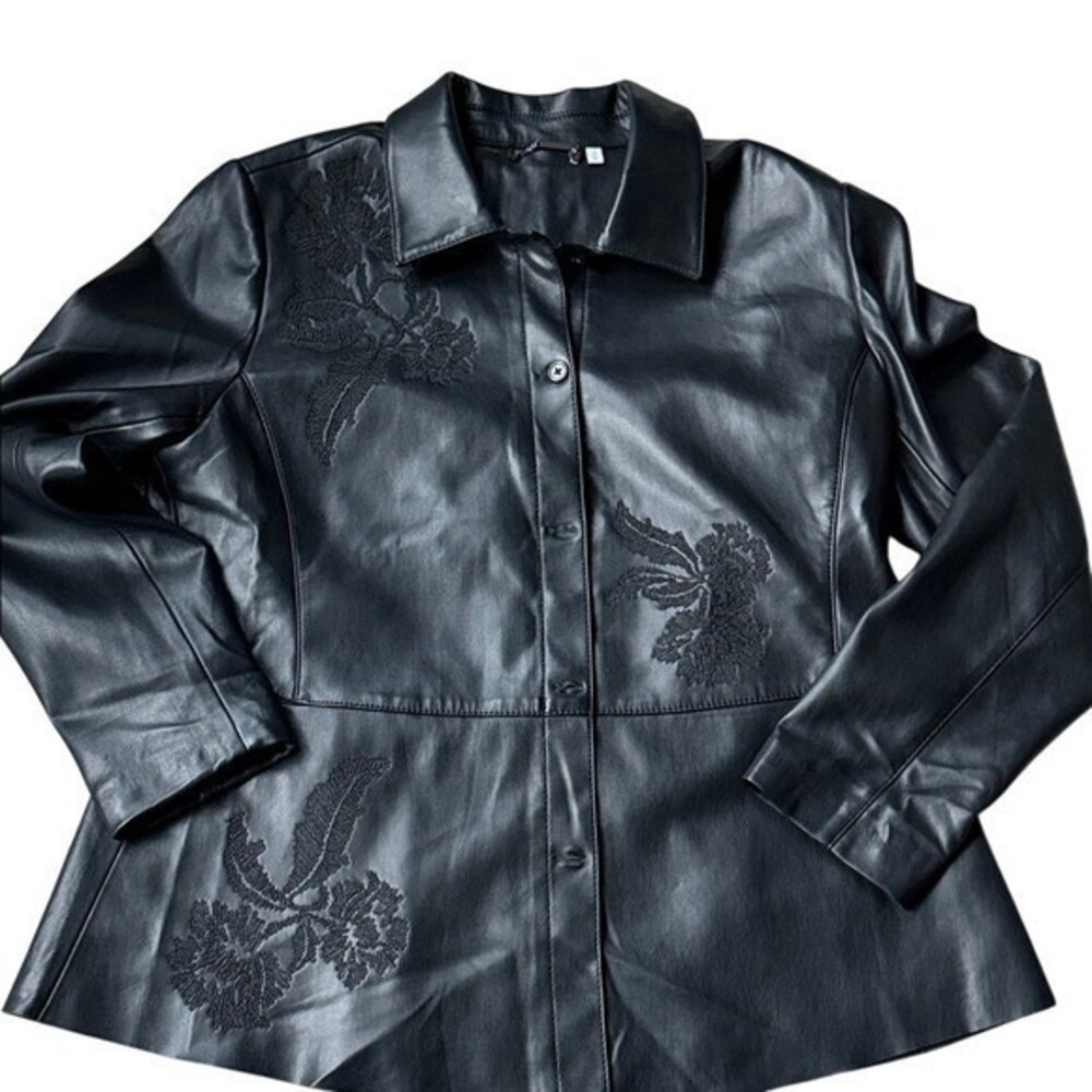 Chico's Black Faux Leather Embroidered Button‎ Front Jacket Size 2 US 12 Floral